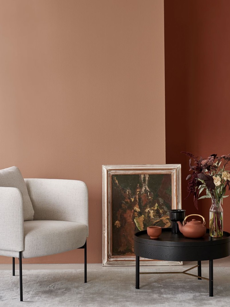 stylish living room with light brown and dark terracotta colour section