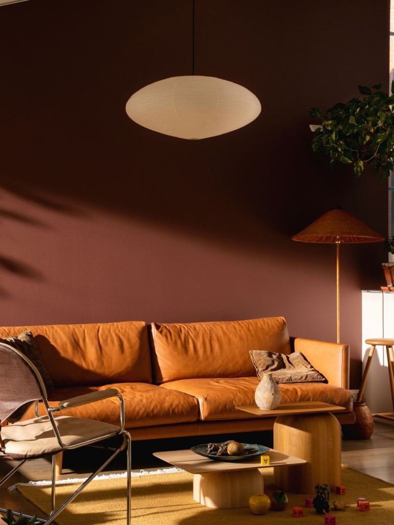 cosy living room with earthy brown wall and warm brown leather sofa