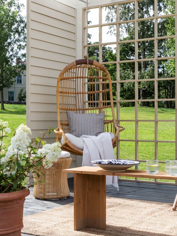 swing chair on garden deck