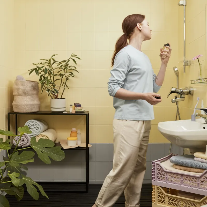 girl in yellow colour bathroom
