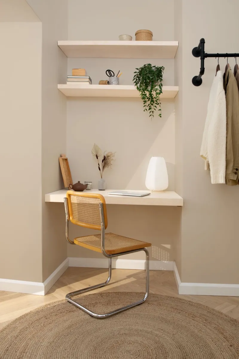 beige wall in home office workspace