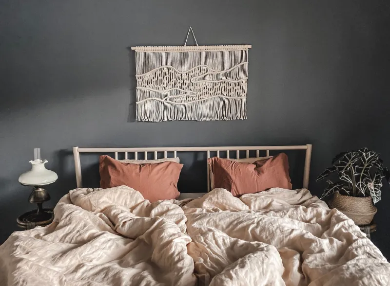 dark grey colour wall with modern macrame piece